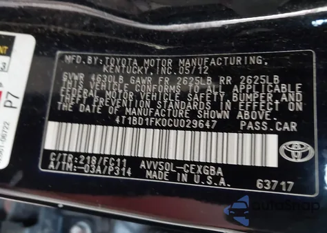 2012 Toyota Camry Hybrid Xle z USA, uszkodzony, nr VIN 4T1BD1FK0CU029647